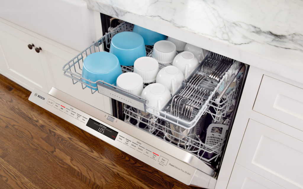 Open Bosch dishwasher featuring the MyWay rack