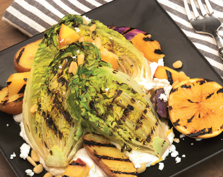 Grilled Romaine and Stone Fruit Salad with Feta Spread